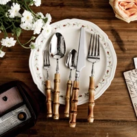 bamboo handle cutlery tableware 5 piece set 304 stainless steel knife fork spoon dinnerware set kitchen device sets gift
