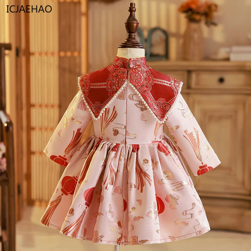 Фото ICJAEHAO китайское платье для маленьких девочек, детское платье Cheongsam на день рождения, платье Тан для девочек, новогоднее поздравительное платье, национальное платье с длинными рукавами №4