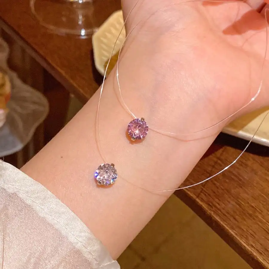 Фото Модное блестящее колье с кристаллами, подвеска из циркония, прозрачная невидимая нить, женское колье, ювелирное украшение, цепочка на ключицы, чокер №1