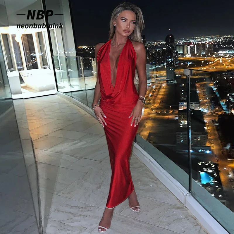 

Сексуальные элегантные вечерние платья NEONBABIPINK для женщин 2022 длинное платье макси с открытой спиной и лямкой на шее наряды для вечеринки и н...