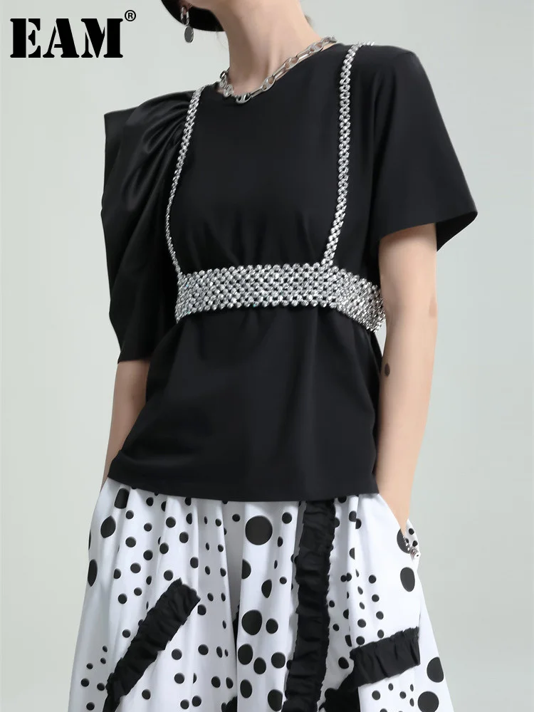 

[EAM] Women Black White Ruffles Casual Vintage T-shirt New Round Neck Short Sleeve Fashion Tide Spring Summer 2022 1DE7554