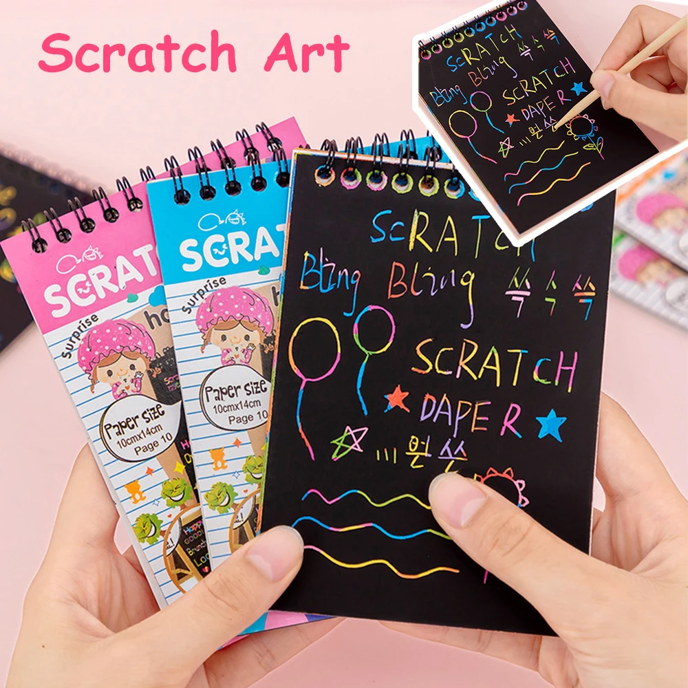 

2 Books Set DIY Magic Rainbow Scratch Art Paper Card with Wooden Stick Graffiti Art Painting Kids Color Drawing Toys Gifts