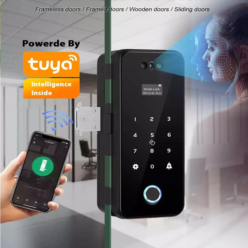 3D Face Recognition Glass Door Lock Biometric Tuya App Remote Unlock WiFi Smart Fingerprint | Facial