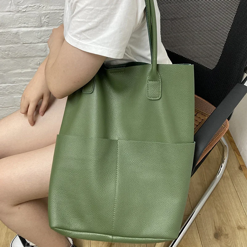 

New Fashion Classic High Quality Cowhide Large Capacity Tote Handbag Soft Leather Luxury Functional Shopper Bag Female