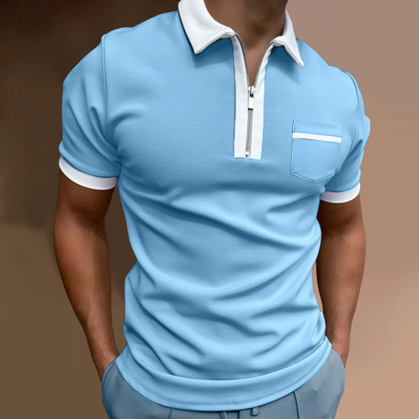 

Men's lapel fashion slim pocket men's T-shirt POLO shirt sweatshirt zip up shirts