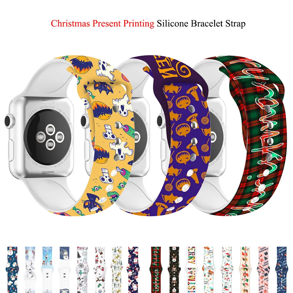 

Silicone Strap For Apple Watch Band SE 8 7 6 5 4 3 Christmas Present Printing Silicone Bracelet Strap iWatch 34mm 42mm 45mm 41mm