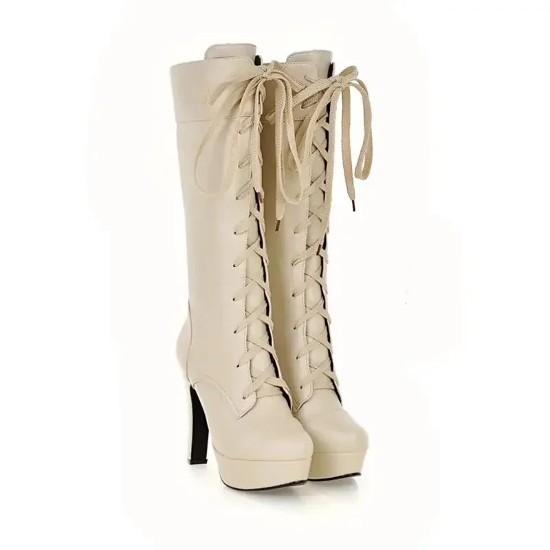 New Fashion Small Big Size 31-45 Woman Boots Autumn Winter Warm Lace Up High Heels Long Women Shoes