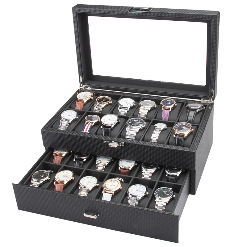 2 Layers 24 Grids PU Watch Storage Display Box Storage Organizer Built In Black Flannel Material Storage Tary Exquisite Style