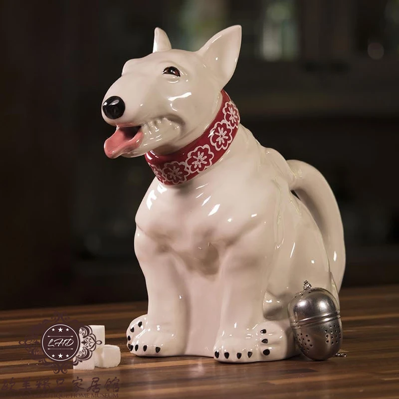

Ceramic Sculpture Bull Terrier Teapot Coffee Pot Valentine's Day Present Crafts Room Decoration Porcelain Dog Figurine