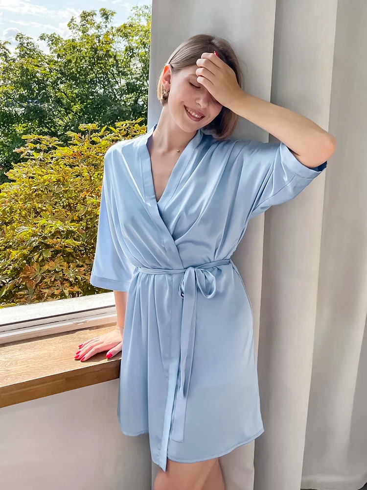 

Hiloc 2022 Satin Robe With Sashes Batwing Sleeve Bathrobes Mini Dress Sexy Robes Women Nightdress Summer Night Dress Home Wear