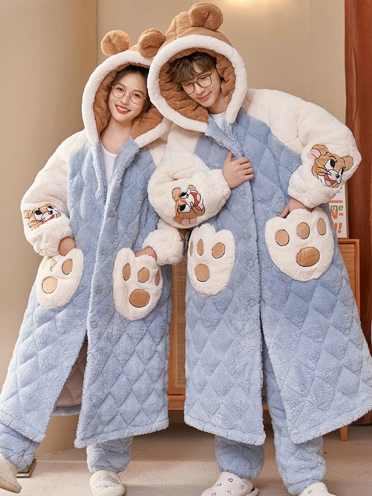 Couple Pajamas Winter Women's Three-Layer Cotton-Padded Jacket Coral Fleece Thickened Fleece-lined Plus size Men's Nightgown ...