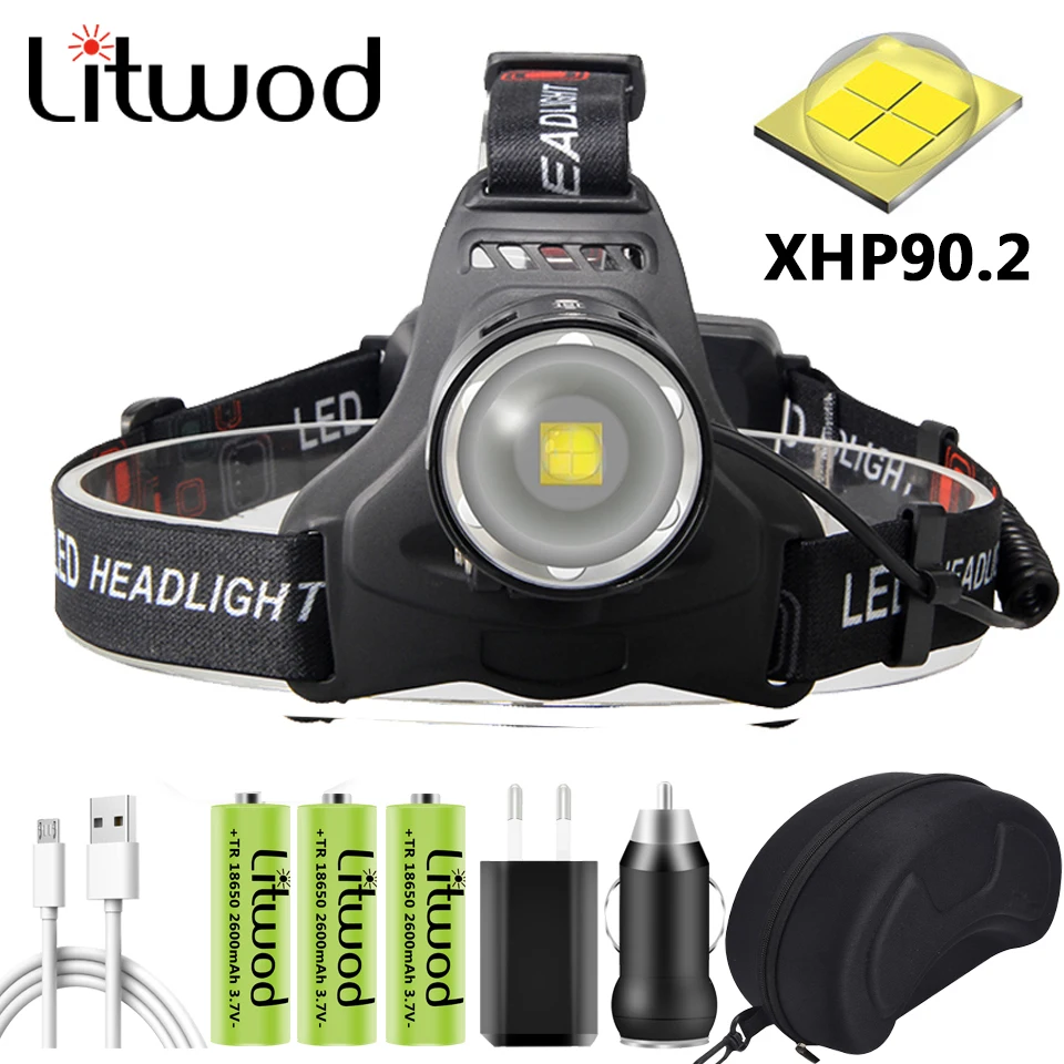 

XHP90.2 Led Powerful Headlamp Zoom Headlight XHP50 Head Lamp Flashlight Torch 3PCS 18650 Battery Power Bank 7800mah Bulbs Litwod