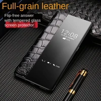 genuine leather flip cases for oppo reno 4se 4pro 5 6proplus case luxury original smart touch view wake sleep up protection