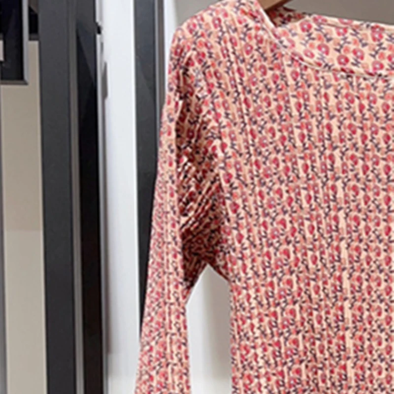 

Женское Плиссированное короткое платье с цветочным принтом, платье мини с круглым вырезом и длинным пышным рукавом