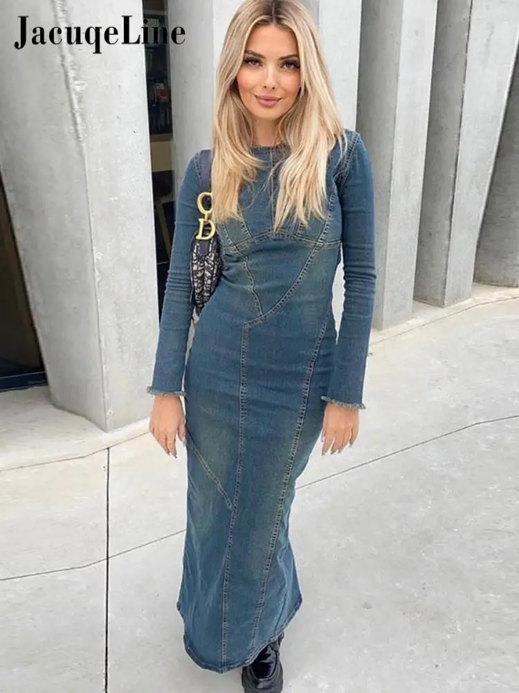 

Джинсовое платье-макси с длинным рукавом, на молнии сзади