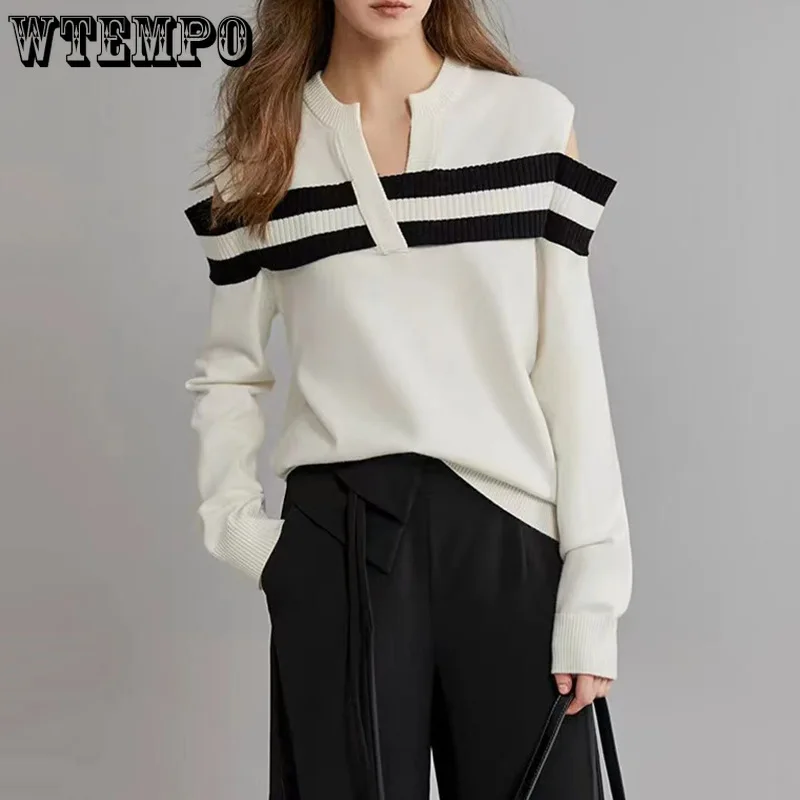 

Свитер WTEMPO Женский трикотажный с открытыми плечами, шикарный модный пуловер свободного покроя в черно-белую полоску, с V-образным вырезом, во французском стиле, весна-осень