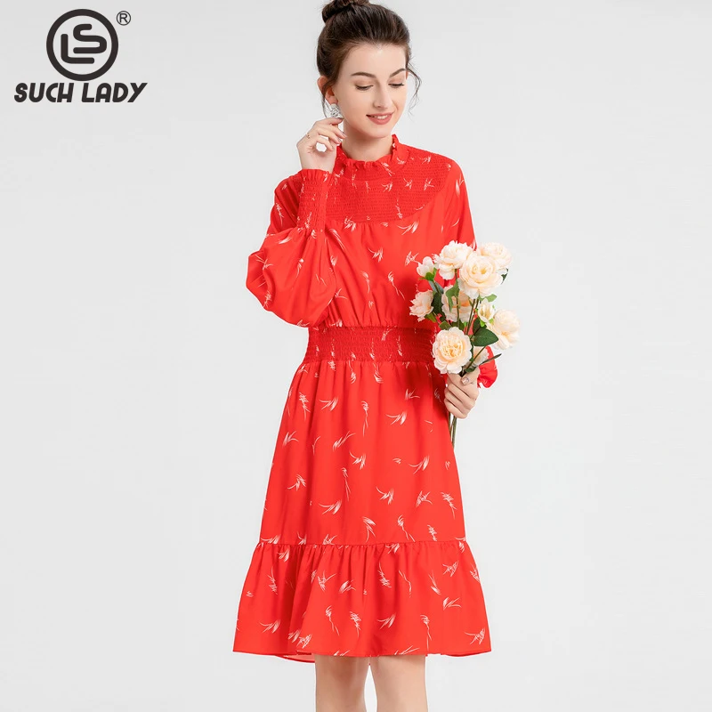 Women's Runway Dress Stand Collar Elastic Waist Long Lantern Sleeves Printed Fashion High Street Casual Dresses Vestidos