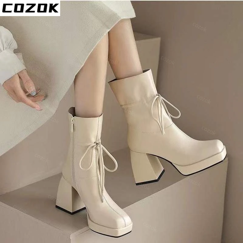 Women Shoes Ankle Boots Shallow Zip Boots Chunky Pumps High Heels Boots Women Dress 2022 Bow Fashion Designer Goth Ladies Shoes