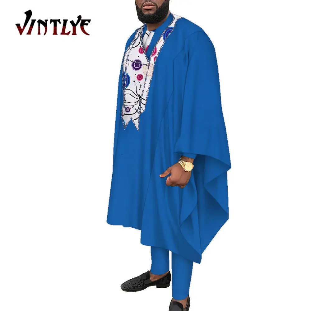 Fashion African Clothes for Men Dashiki Agbada Robe Suit 3 Pcs Set Long Robe Coat and Pant Shirt Set Casual Men Attire WYN1559
