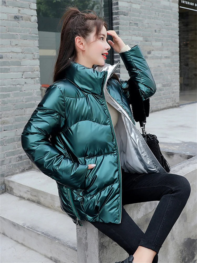 Glossy Free Wash Down Cotton Coat Women Green Stand Collar 2022 New Winter Korean Blue Short Bread Clothing Side Zipper Jackets