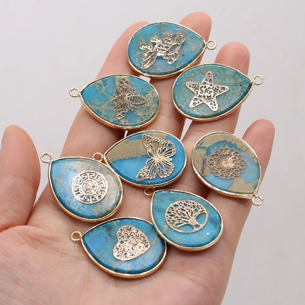 

Natural Stone Blue Ocean Mine Fat Drop Gold-plated Pendant For Jewelry MakingDIY Necklace Earring Accessories Gems Charm Gift1PC