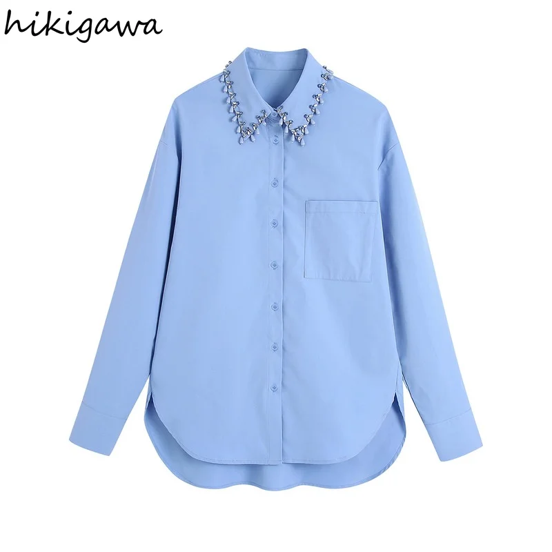 

Hikigawa Chic Fashion Turn Down Collar Jeweled Poplin Button Up Shirt Vintage Solid Streetwear Long Sleeve Blouse Top Mujer