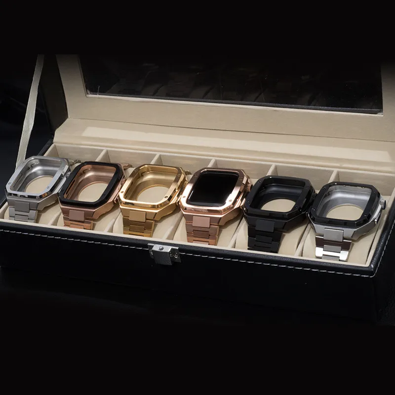 44mm 45mm Stainless Steel Luxury Kit Metal Bezel Frame Case With Smart Watch Strap Fit For Iwatch 4567 Series Watch