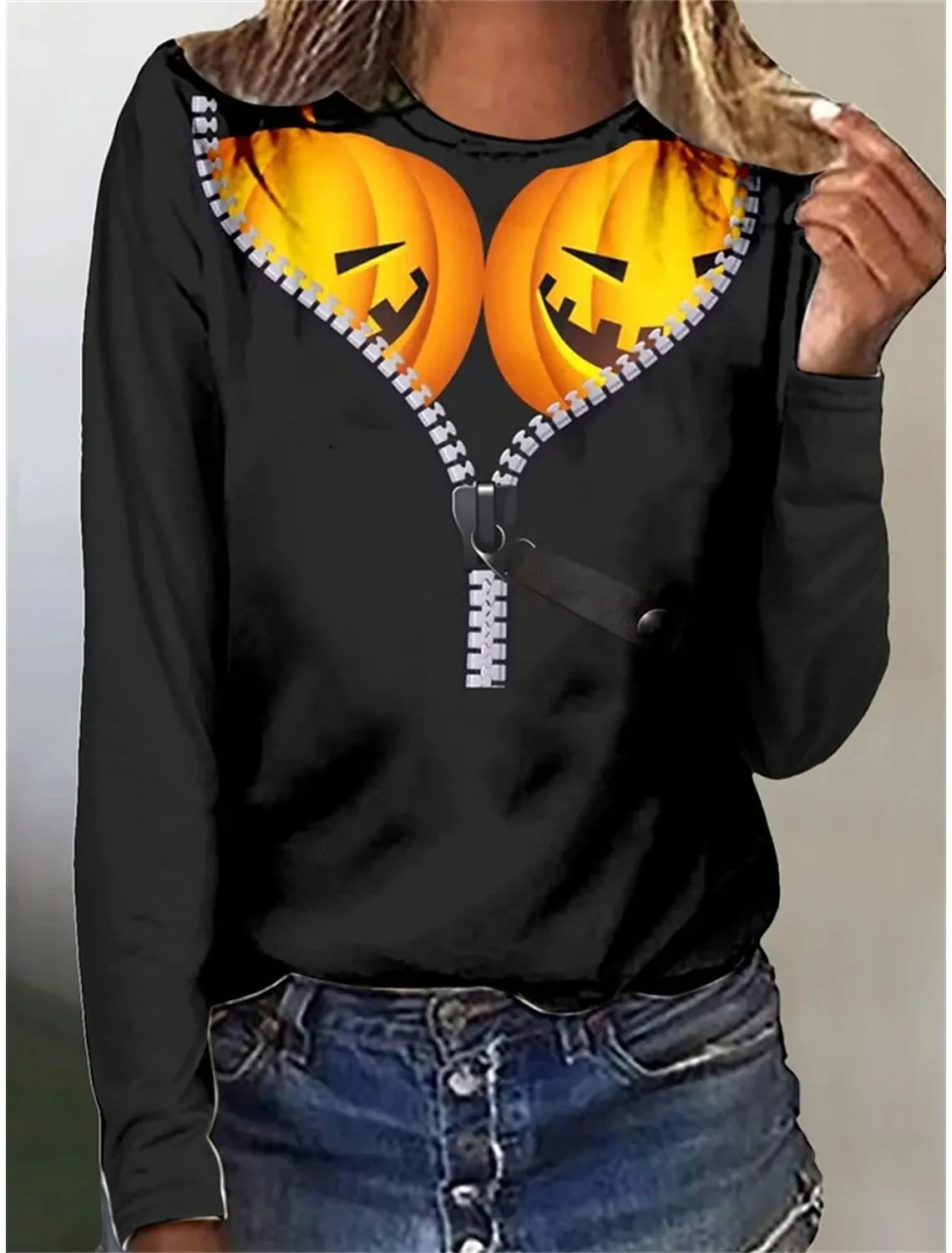 

Women's T shirt Tee Black Yellow Navy Blue Pumpkin Print Long Sleeve Halloween Weekend Basic Round Neck Regular Painting