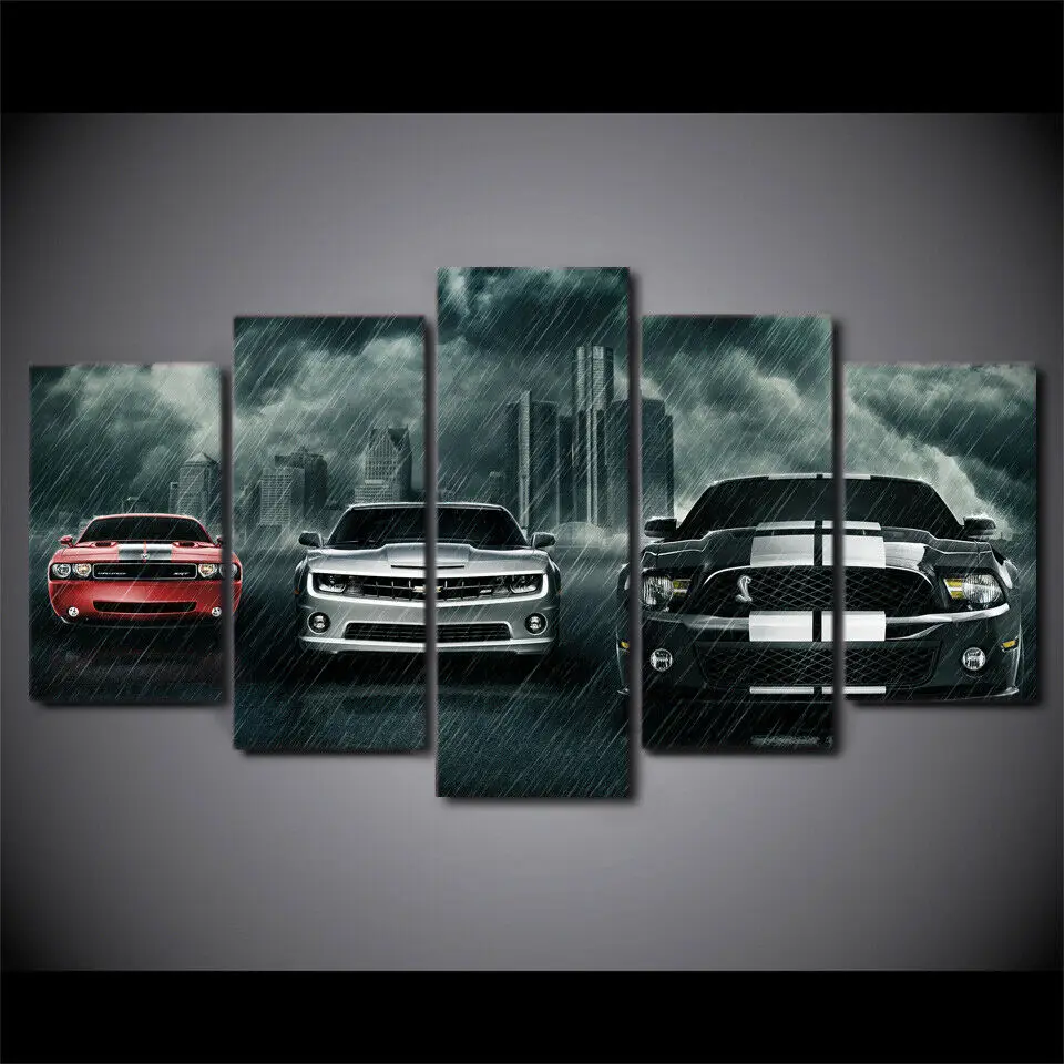 

Мышечные автомобили под дождем, 5 панелей, печать на холсте, постер, картина, настенное искусство, домашний декор, печатные изображения HD Room, декоративные картины без рамки