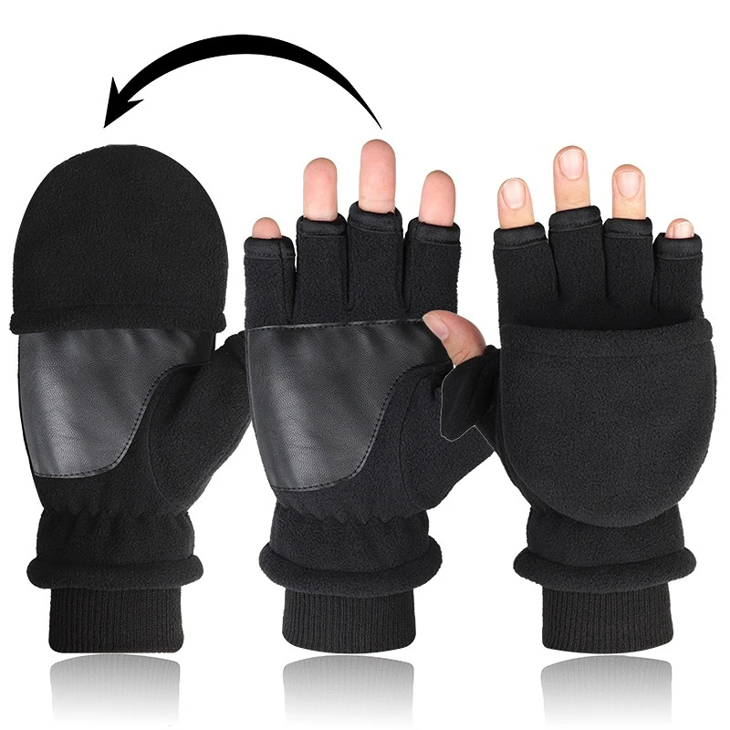 

Windproof Polar Fleece Warm men women double-layer Flap Gloves Winter warm Gloves Fingerless Convertible Thermal Mittens Gloves