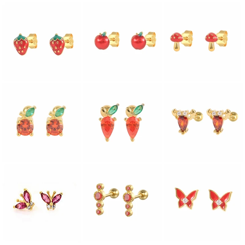 

925 Sterling Silver Stud Earrings Red Crystal Wedding Earring For Lovers' Couples Cute Fruit Butterfly Love Enamel Fine Jewerly