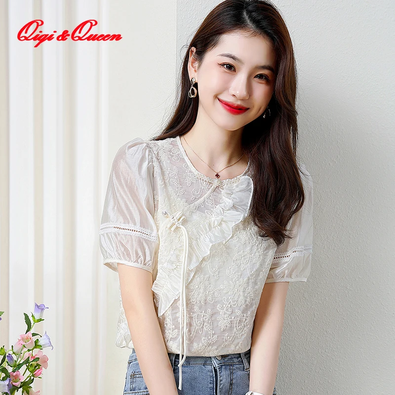 

Qiqi&queen Embroidery Puff Sleeves Button Tencel Shirt Summer 2023 Lace Blouse Style Fashion Tops Fine Elegant Blouses For Women