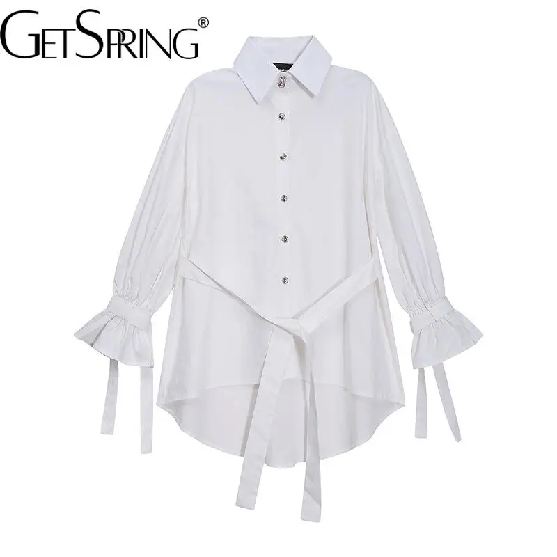 

Getspring Women Shirt Puff Sleeve Bandage Long Sleeves Cotton Blouse Tops Black White Leisure Loose Autumn Tops 2022 Fashion