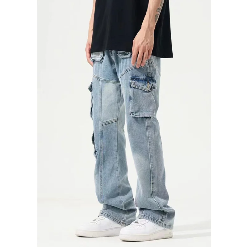 Streetwear Men Casual Multi Pocket Jeans Straight Cylinder Blue Comfortable Versatile New Style Wide Leg Trousers Autumn Female