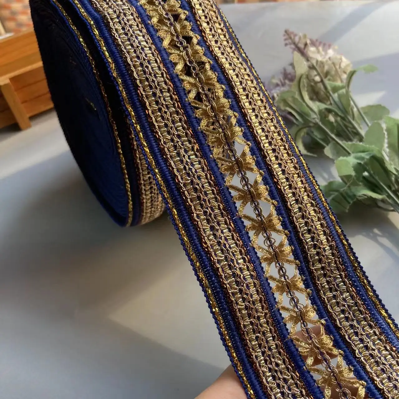 1 ярд синяя 7 см лента с рисовой кружевной отделкой этническая одежда золотая нить