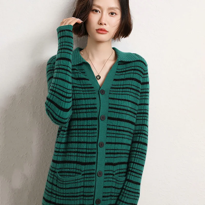 Autumn and Winter New Women's POLO Collar Cashmere Long Cardigan Button Stripe Sweater Dress Loose Knee Knitted Dress