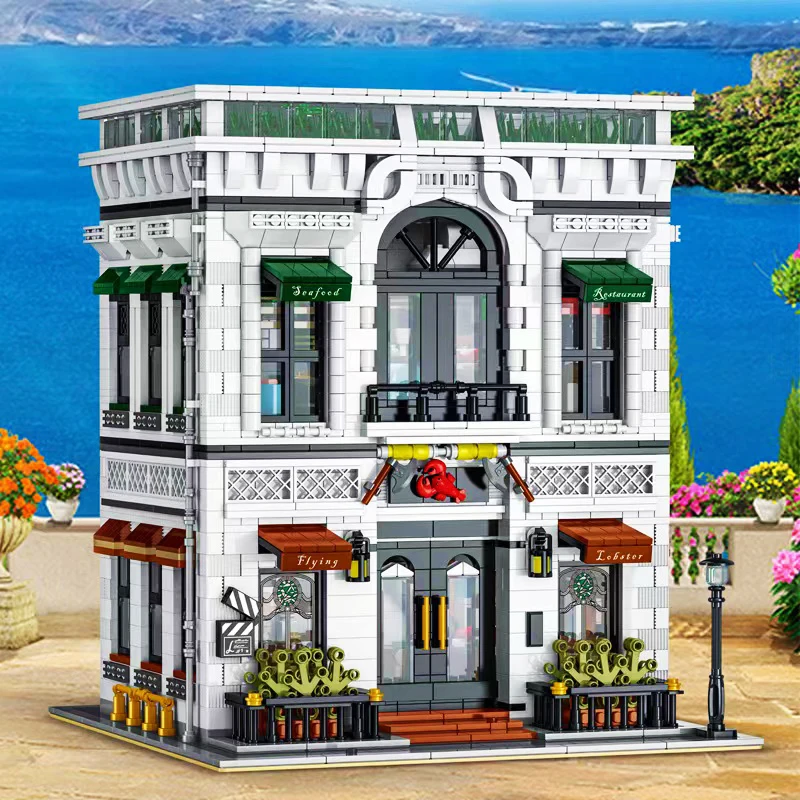 

MOC City Street View Series Seafood Restaurant Building Blocks Home Office Flying Lobster Model Bricks Set Toys For Boy Gift