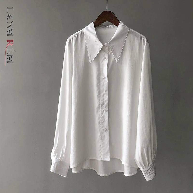 

LANMREM 2022 Spring Autumn Shirts For Women Lapel Solid Color Single Breasted Loose Long Sleeve Shirts Female Fashion 2J814
