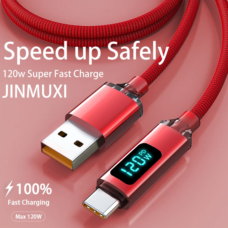 JINMUXI 120W USB A To Type C Super Fast Charging Cable Digital Display for Xiaomi Huawei Oppo OnePlus iPhone 15 16 Data
