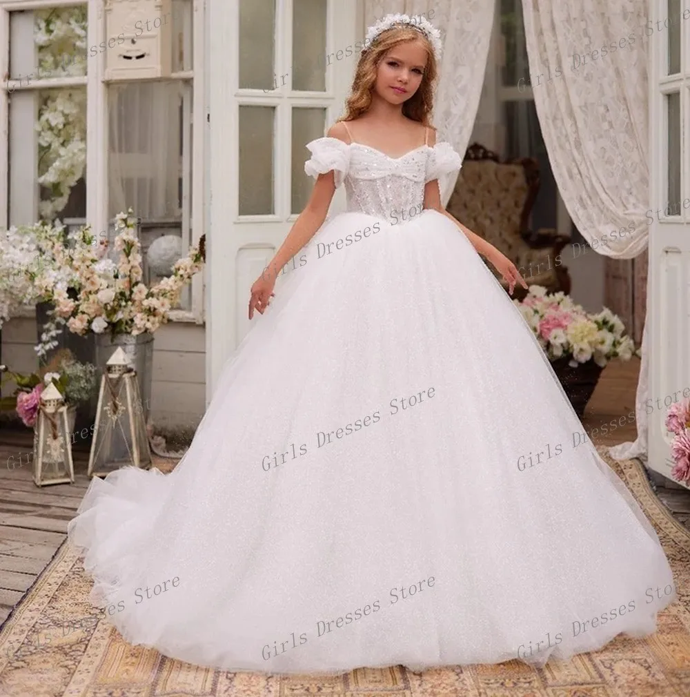 

Beautiful White Special Occasion Lace Tull Flower Girl Dress Baby Girl Wedding Party Birthday First Communion Pageant Gown