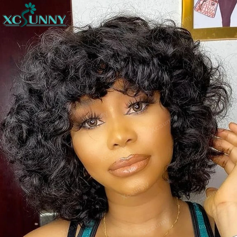 Bob Wig With Bangs Human Hair Short Machine Made O Scalp Top Bangs Wig Human Remy Brazilian Loose Deep Wave Wig For Women