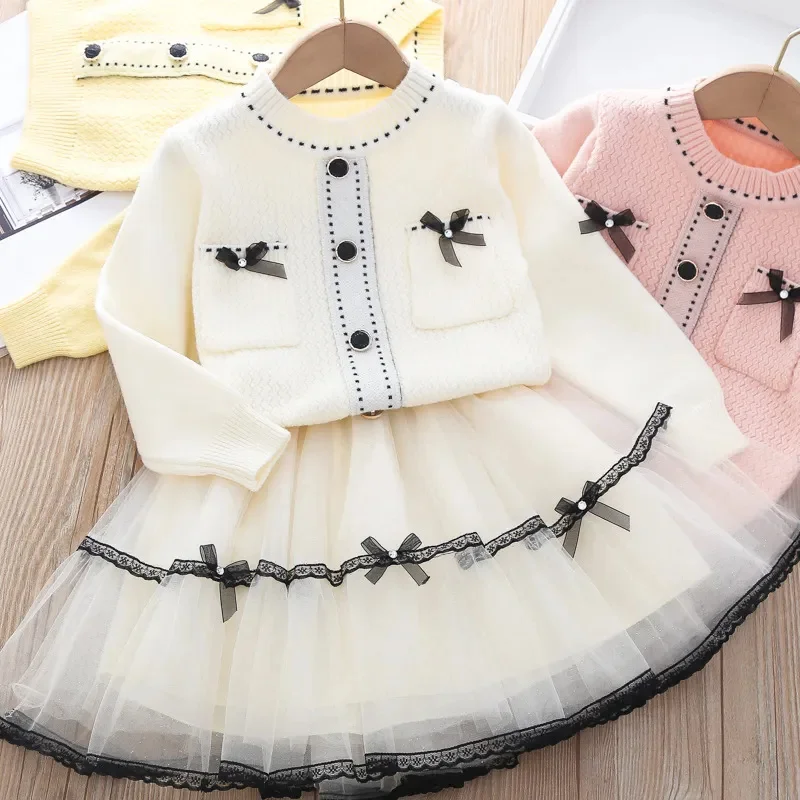 

Lady Girls Dresses lattice kids coat winter sweater+bow tie Tulle dress 2pcs/set Party autumn Baby Clothes 1-6 years