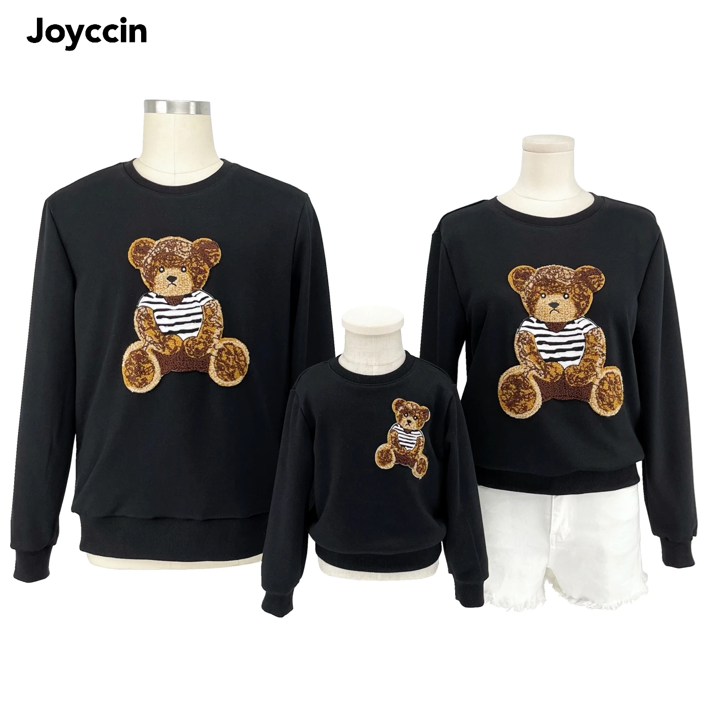 Joyccin Mother Kids Bear Embroidery Sweatshirts Thick Unisex Solid Tops Family Matching Outfits Fleeced Stranger Things Pullover