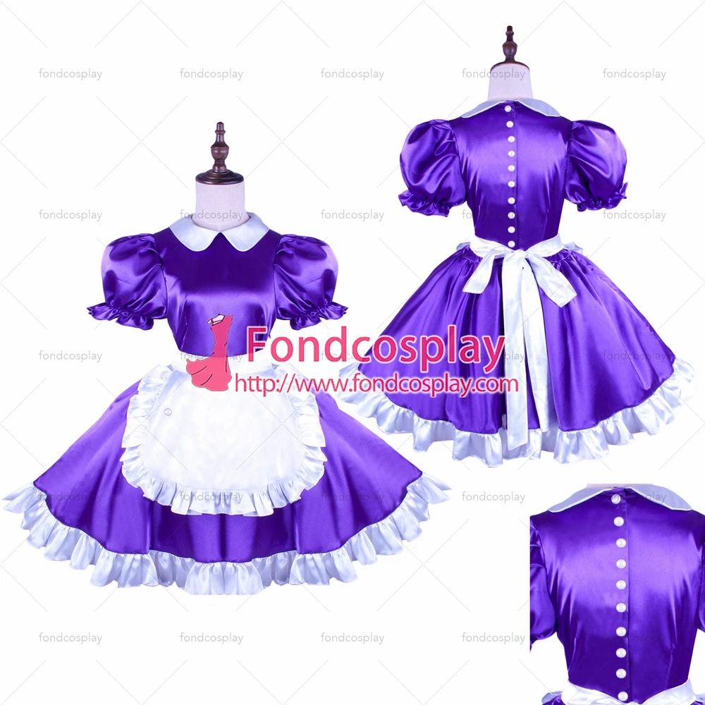 

cross dressing sissy maid Purple Satin dress with Pearl buttons uniform white apron Peter pan collar Tailor-made[G1493]