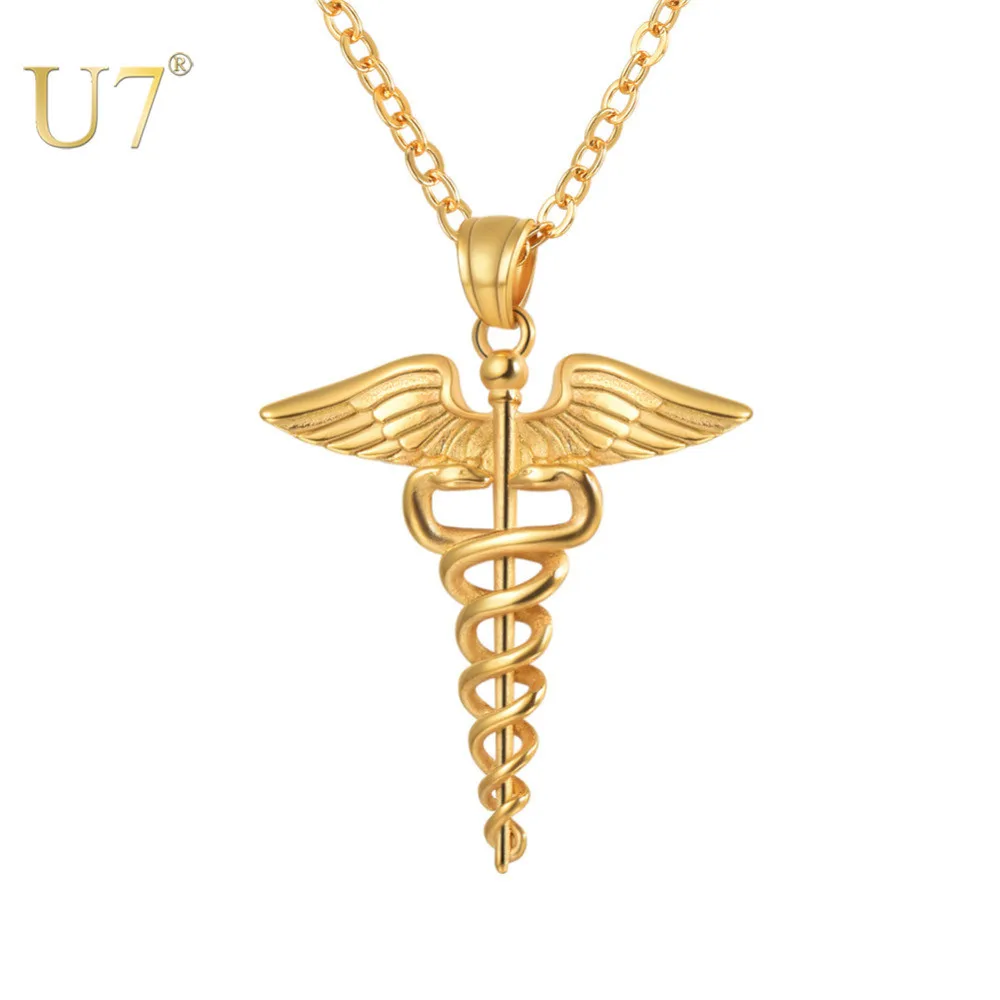 

U7 Medical Symbol Nurse Doctor Pendants Necklace Stainless Steel Caduceus Double Snake Wings Necklaces For Men Women Jewelry