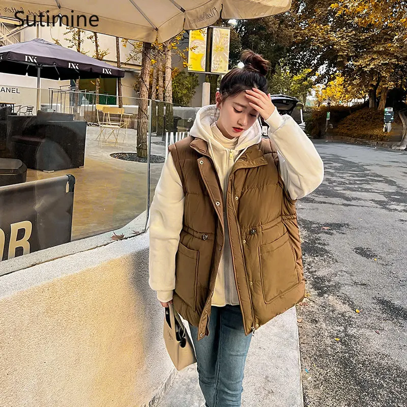 Winter Clothes Women Office Lady Button Loose and Fake Two-piece Thick Hooded Patchwork Coat Pockets Zipper  Coat Women