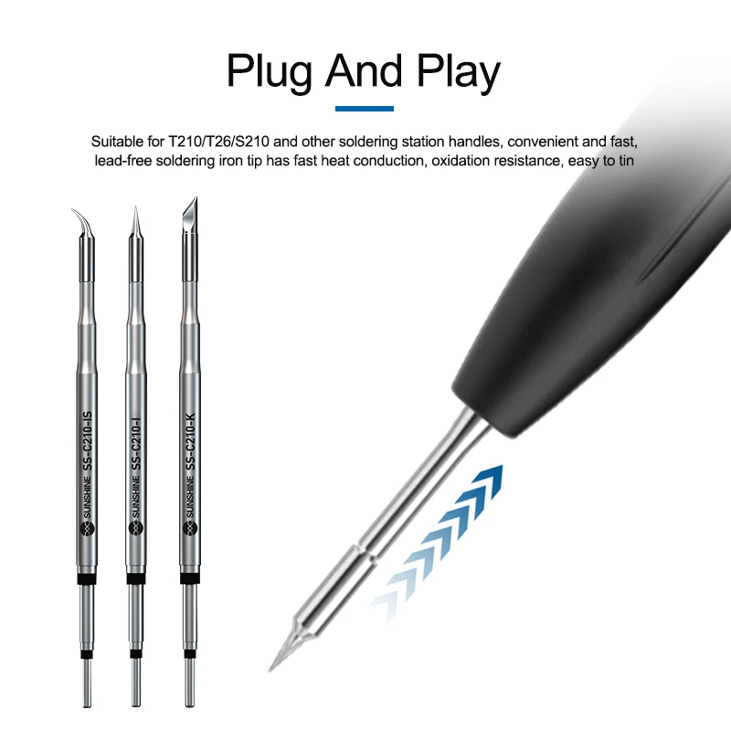 

SUNSHINE C210 Lead-Free Soldering Tip Suitable For JBC C210 T210 T26 T26D S21 Soldering Iron Fast Heating For SMD Welding Repair