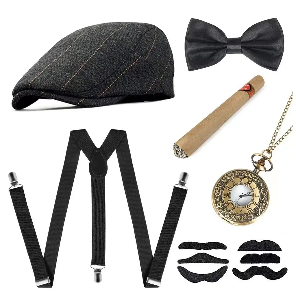 

Мужской комплект аксессуаров в стиле 1920-х Гэтсби, береты, подтяжки для сигар, карманные часы, аксессуары для гатсби