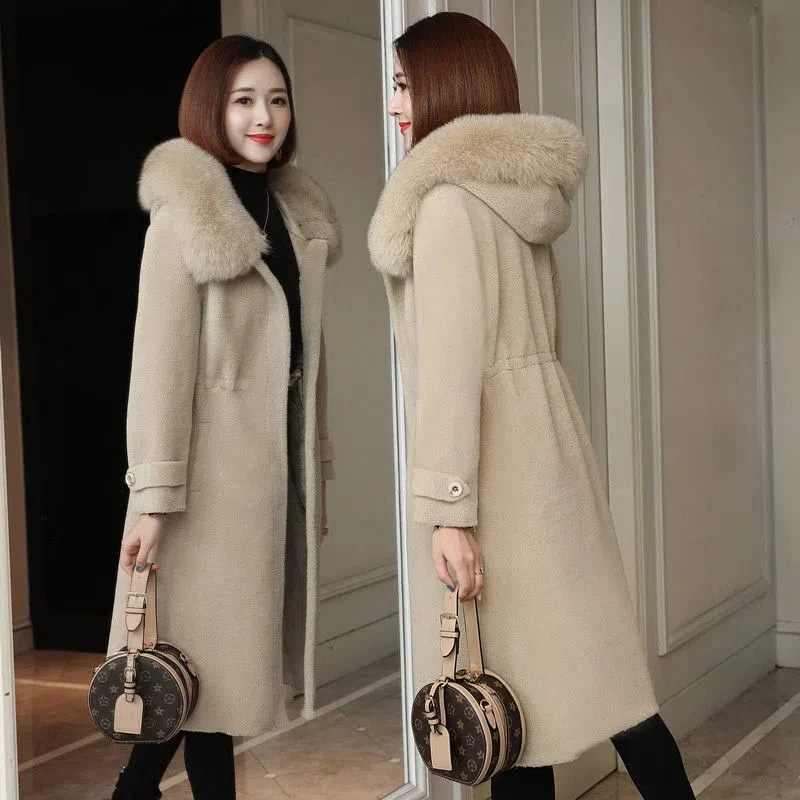 

2022 New Sheep Shearing Coat Jacket Women Winter Faux Fur Overcoat Middle-aged Female Hooded Windproof And Warm Coats 4XL