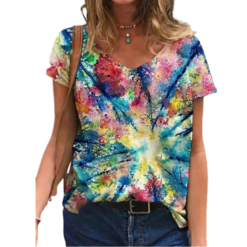 

Women Oil Painting Tree Print T-shirt Casual V-Neck Tops Fashion Streetwear Short Sleeve T-shirt